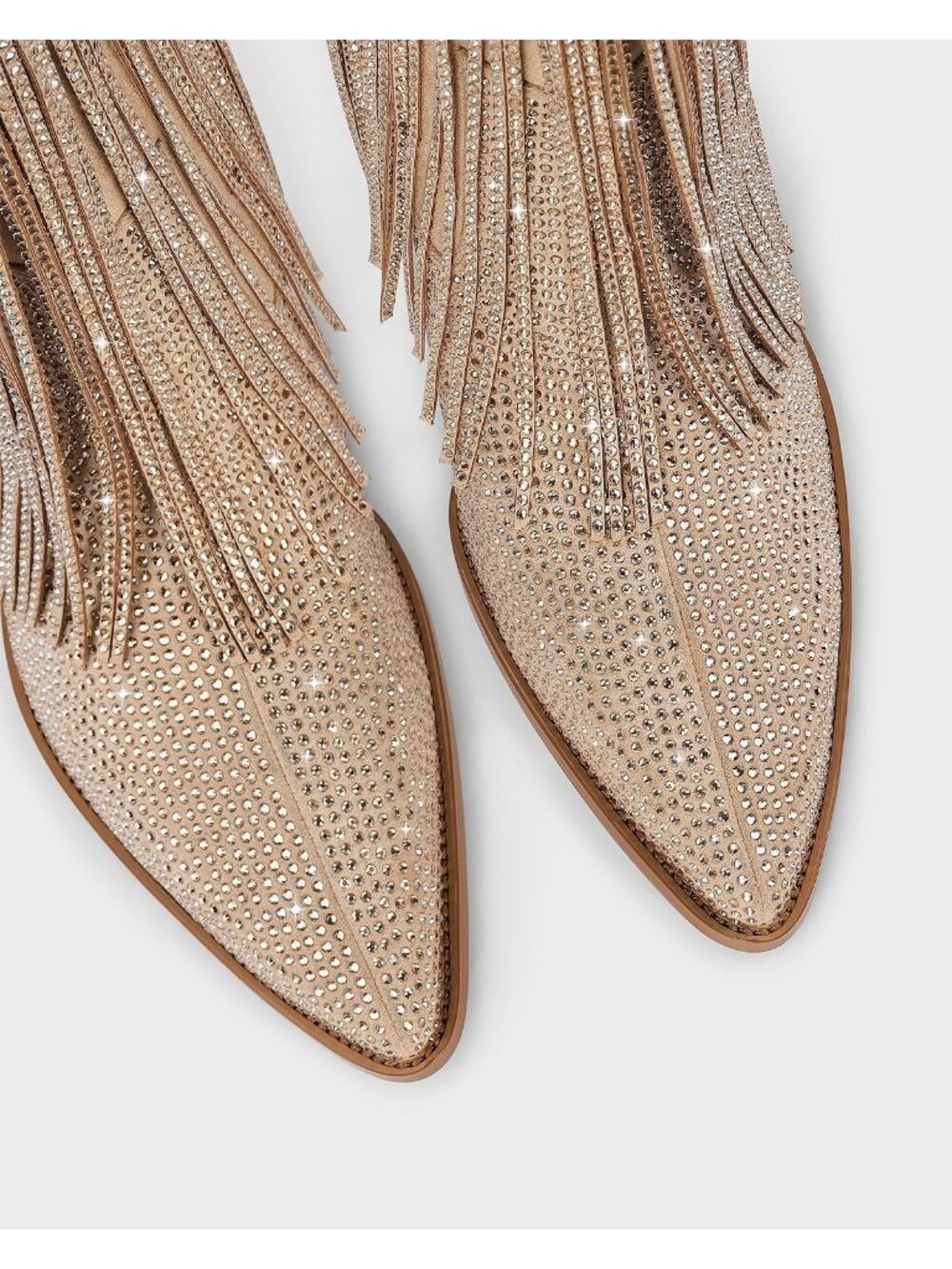 Women's Beige Embroidery Fringed Sparkly Stacked Heel Pointed Toe Cowgirl Boot - Picture 6 of 6